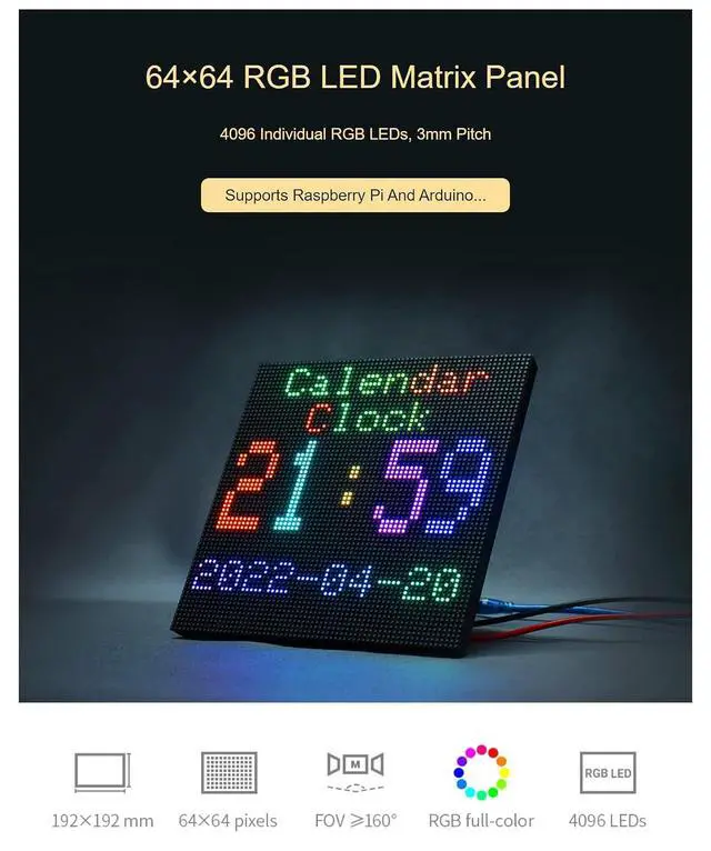 Alt view image 3 of 7 - RGB Full-Color LED Matrix Panel for Raspberry Pi and Ardui, 3mm Pitch, 64×64, 4096 Individual RGB LEDs, Brightness Adjustable