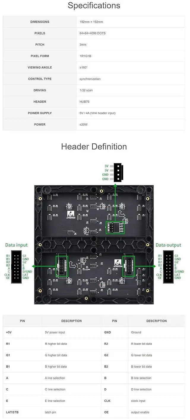 Alt view image 4 of 7 - RGB Full-Color LED Matrix Panel for Raspberry Pi and Ardui, 3mm Pitch, 64×64, 4096 Individual RGB LEDs, Brightness Adjustable
