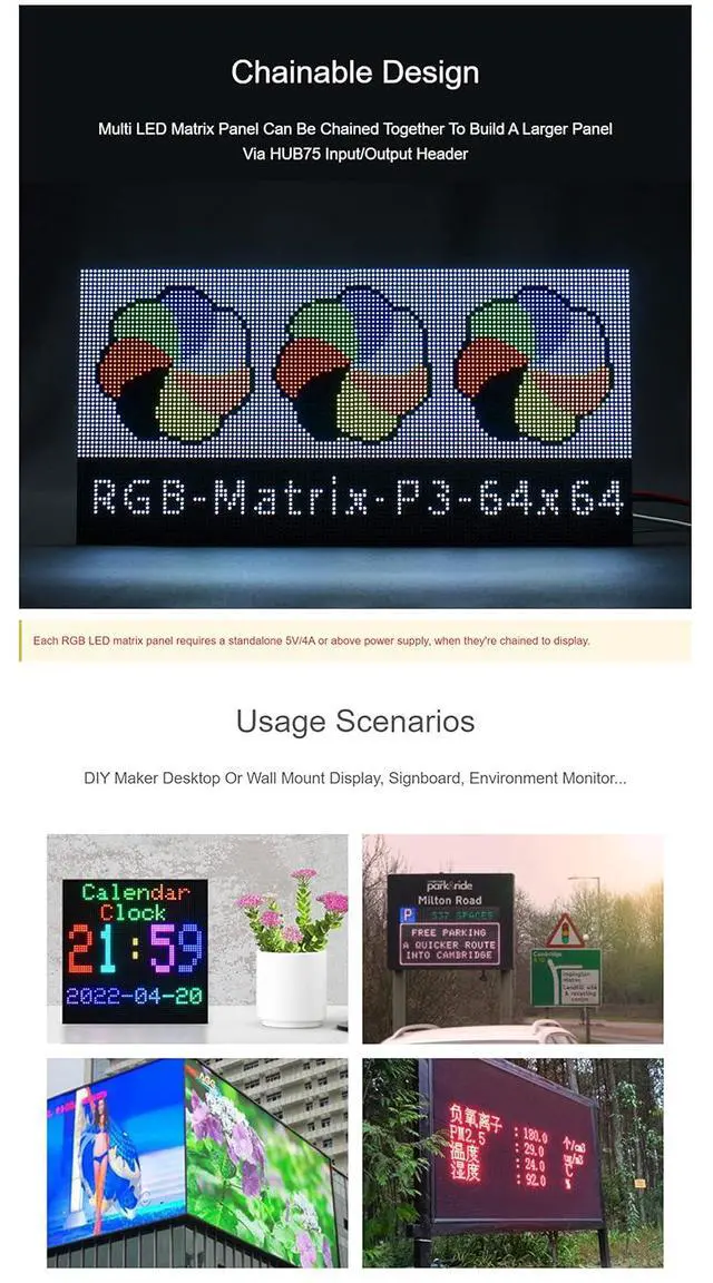 Alt view image 5 of 7 - RGB Full-Color LED Matrix Panel for Raspberry Pi and Ardui, 3mm Pitch, 64×64, 4096 Individual RGB LEDs, Brightness Adjustable