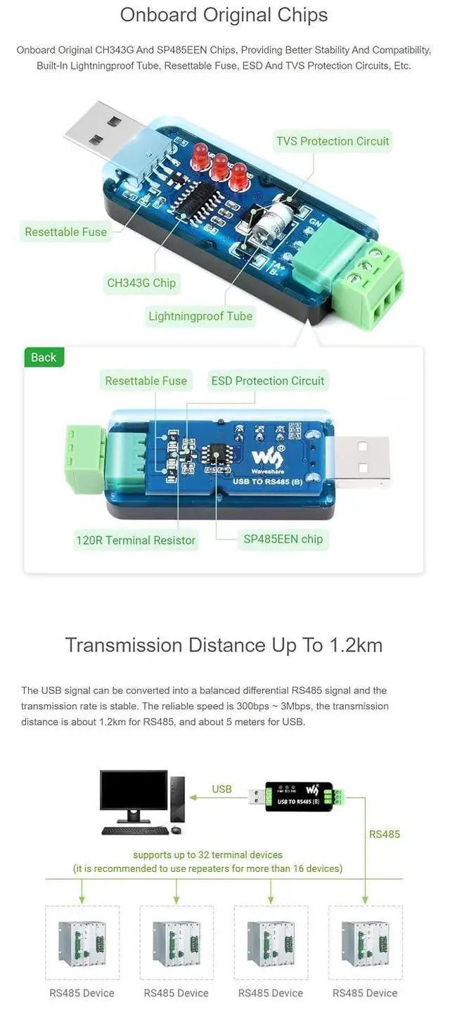 Alt view image 6 of 7 - Industrial USB to RS485 Bidirectional Converter Module, Onboard Original CH343G and SP485EEN, Onboard TVS, Transmission Distance Up to 1.2km
