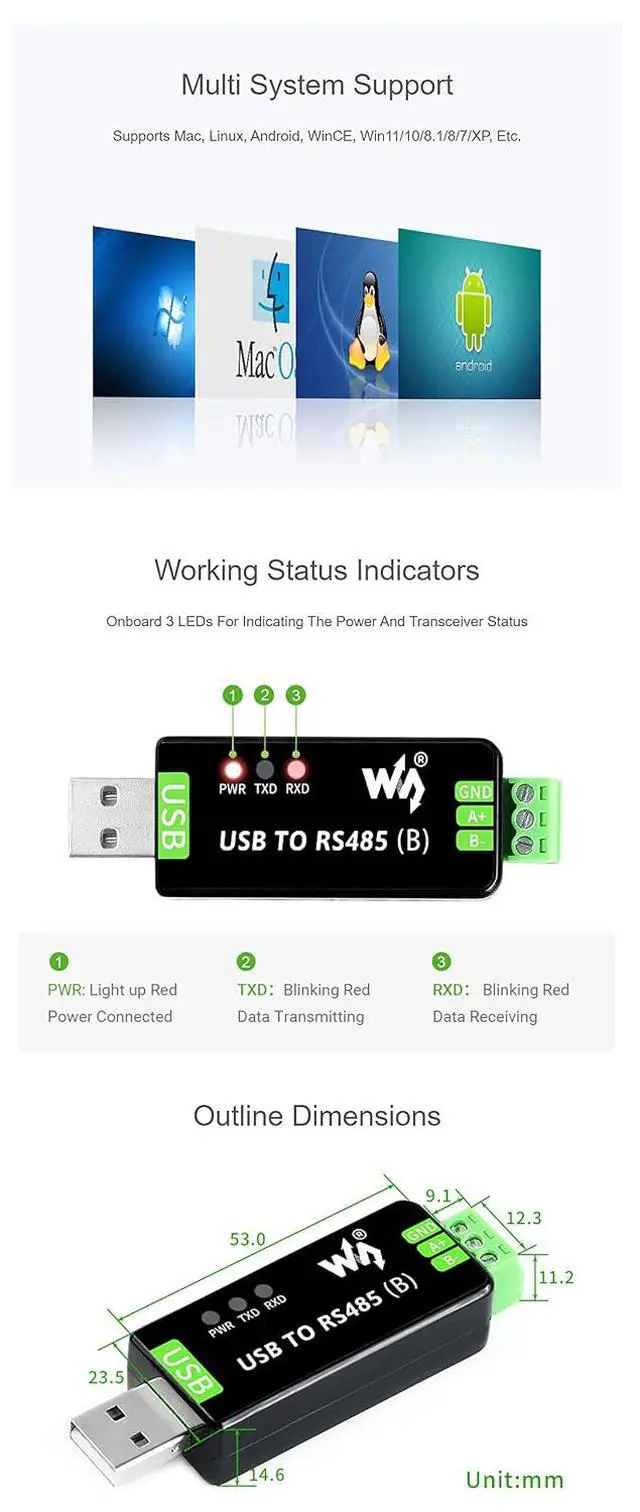 Alt view image 7 of 7 - Industrial USB to RS485 Bidirectional Converter Module, Onboard Original CH343G and SP485EEN, Onboard TVS, Transmission Distance Up to 1.2km