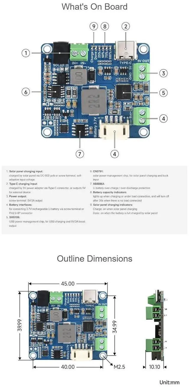 Alt view image 6 of 6 - Solar Power Manager Module (D) Fits Raspberry Pi/Jetson Nano/Arduino Supports Type-C Power Adapter or 6V~24V Solar Panel with Battery Holder (Not Include 18650)