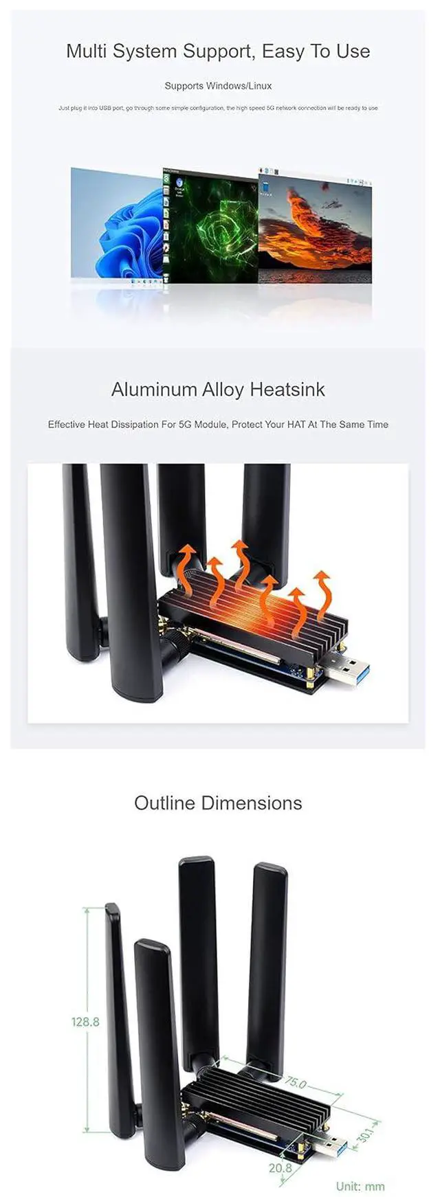 Alt view image 6 of 6 - USB to M.2 B Key 5G Module Adapter with Aluminum Alloy Heatsink, Quad Antennas, USB 3.1 Interface, Compatible with SIMCom/Quectel/Fibocom, for 3042/3052, for Raspberry Pi/Jetson/PC