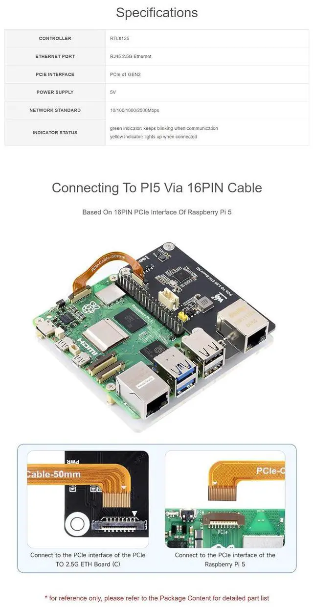 Alt view image 5 of 7 - PCIe to 2.5G Ethernet Adapter Board (C) for Raspberry Pi 5, RTL8125 2.5GbE RJ45 LAN, PCIe x1 Gen2 16-Pin, Driver-Free Plug and Play, Side-Mount Acrylic Bracket