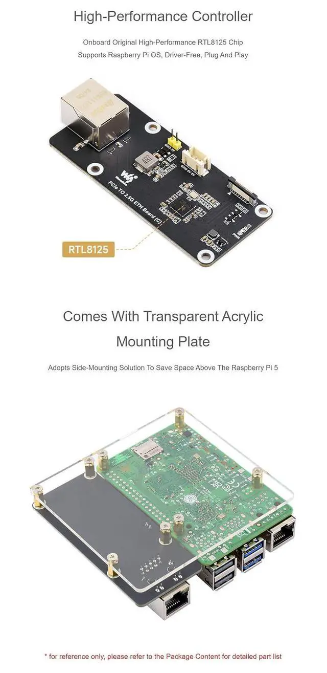 Alt view image 6 of 7 - PCIe to 2.5G Ethernet Adapter Board (C) for Raspberry Pi 5, RTL8125 2.5GbE RJ45 LAN, PCIe x1 Gen2 16-Pin, Driver-Free Plug and Play, Side-Mount Acrylic Bracket