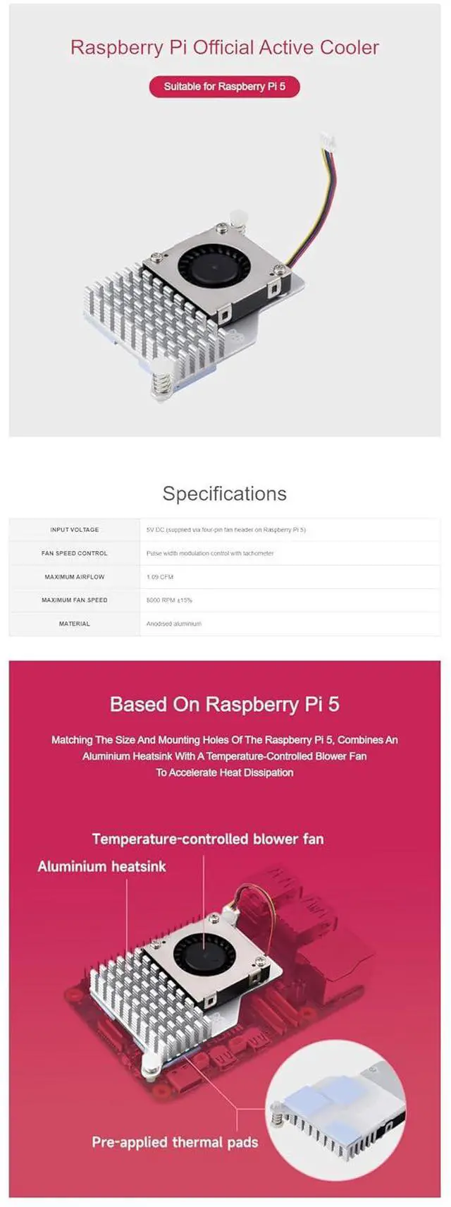 Alt view image 5 of 7 - Official for Raspberry Pi Active Cooler Fits Raspberry Pi 5 with Temperature-Controlled Blower Fan Aluminium Heatsink