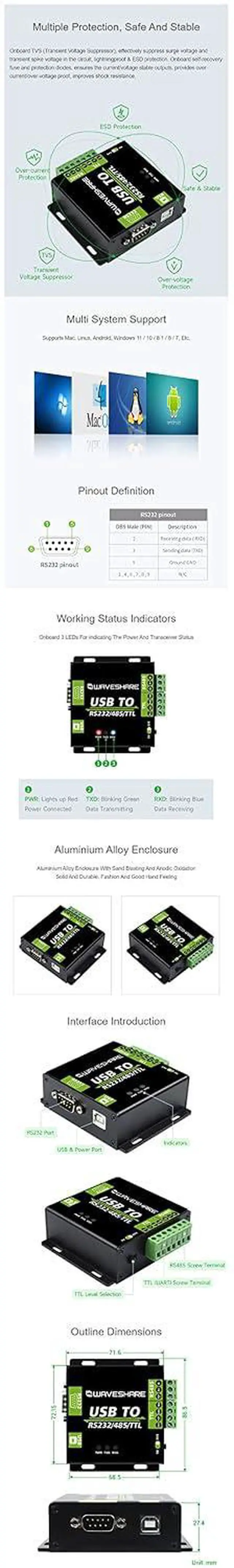 Alt view image 7 of 7 - USB to RS232/485/TTL Converter Onboard FT232RL Industrial Grade USB to RS232 Converter Support Mac Linux Android Windows 11/10 / 8.1/8 / 7