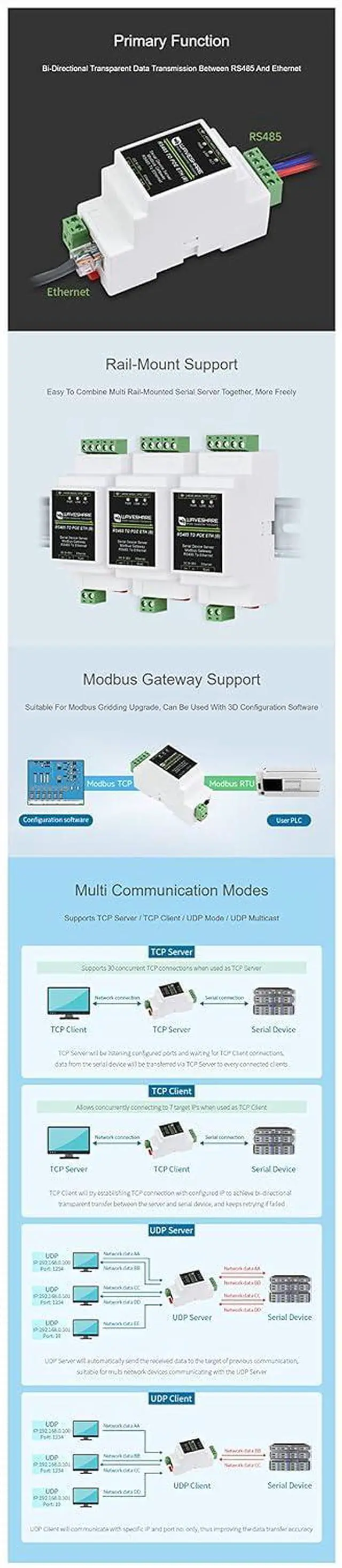 Alt view image 5 of 7 - Industrial RS485 to RJ45 Ethernet Serial Server, Support POE Ethernet Port Power Supply, Electrical Isolation, TCP/IP to Serial, Rail-Mount Support