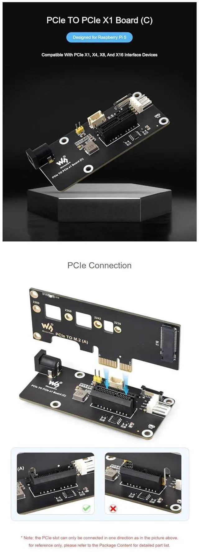 Alt view image 3 of 6 - PCIe to PCIe x1 Adapter Board (C) for Raspberry Pi 5 | Compatible with PCIe x1, x4, x8, x16 Devices | 16PIN FFC Connector | Power Supply via 12V Header & DC Jack