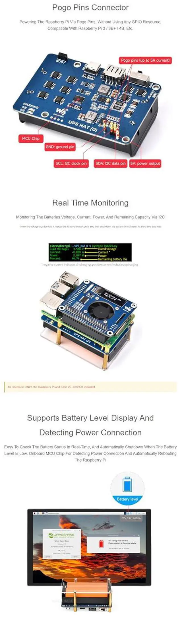 Alt view image 6 of 7 - UPS HAT (D) for Raspberry Pi 4B 3B+ 3B, etc Supports 21700 Li Battery (NOT Included) Pogo Pins Connector Charging and Power Output at The Same Time 5V