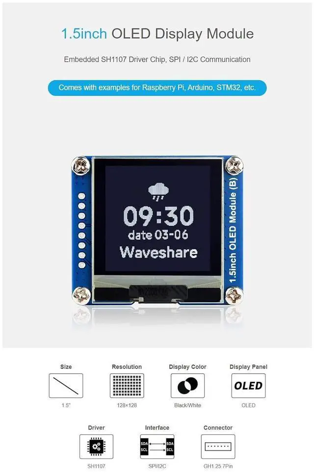 Alt view image 5 of 7 - 1.5 Inch OLED Display Module for Raspberry Pi Arduino STM32 SPI / I2C Communication 128×128 Black/White Display Color Embedded SH1107