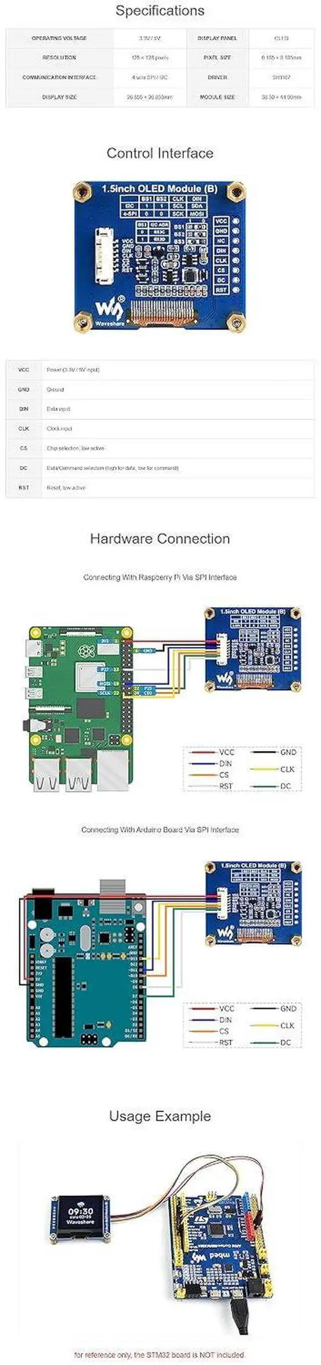 Alt view image 6 of 7 - 1.5 Inch OLED Display Module for Raspberry Pi Arduino STM32 SPI / I2C Communication 128×128 Black/White Display Color Embedded SH1107