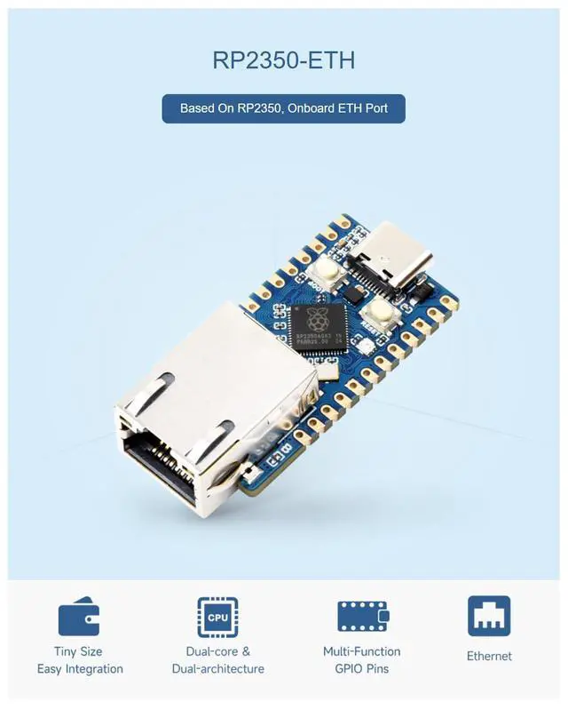 Alt view image 3 of 7 - RP2350-ETH Mini Development Board, RP2350 Ethernet Port Module, Dual-core & Dual-Architecture Microcontroller, Compatible with Raspberry Pi Pico HAT, CH9120 TCP/IP, Onboard Flash Memory, GPIO Pins