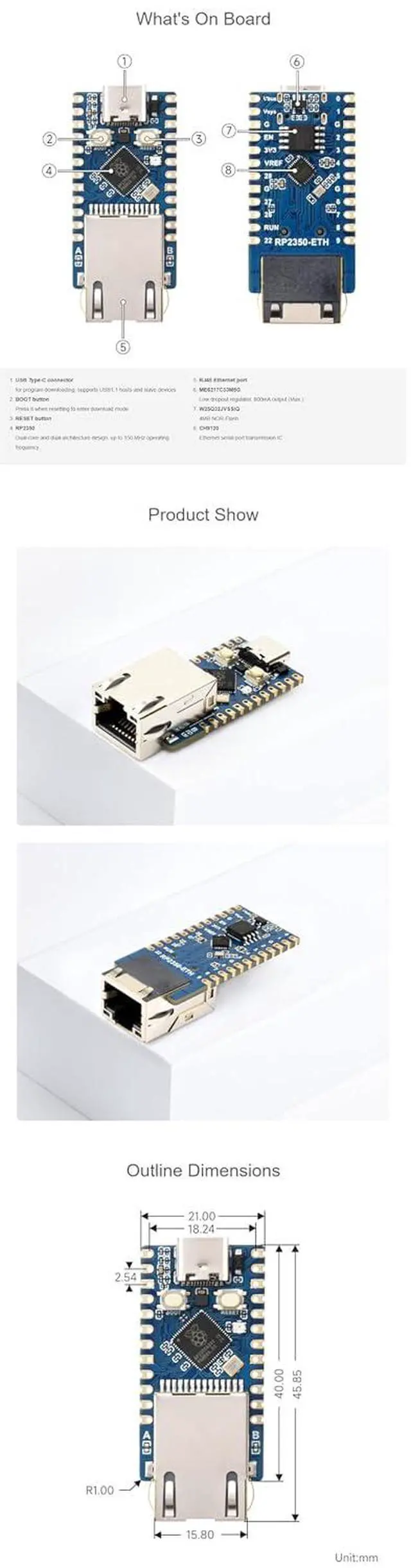 Alt view image 6 of 7 - RP2350-ETH Mini Development Board, RP2350 Ethernet Port Module, Dual-core & Dual-Architecture Microcontroller, Compatible with Raspberry Pi Pico HAT, CH9120 TCP/IP, Onboard Flash Memory, GPIO Pins
