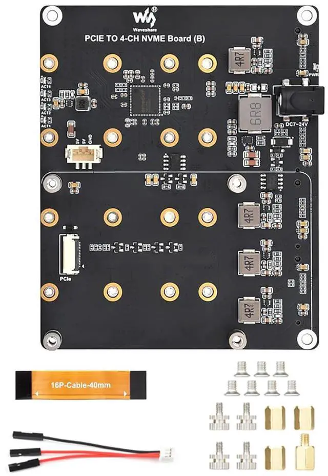 Main image of PCIe to 4-Ch NVMe M.2 Adapter Board for Raspberry Pi 5 | 4-Ch SSD Expansion | Boot Support | 7V-24V Power Input | LED Indicators