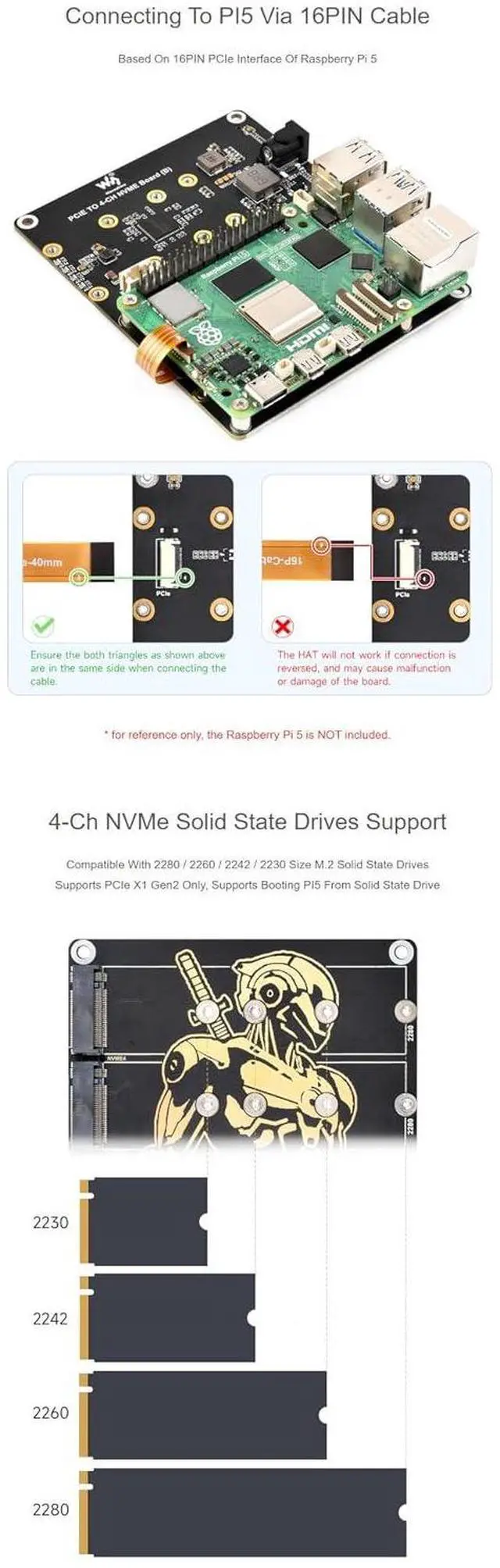 Alt view image 5 of 7 - PCIe to 4-Ch NVMe M.2 Adapter Board for Raspberry Pi 5 | 4-Ch SSD Expansion | Boot Support | 7V-24V Power Input | LED Indicators