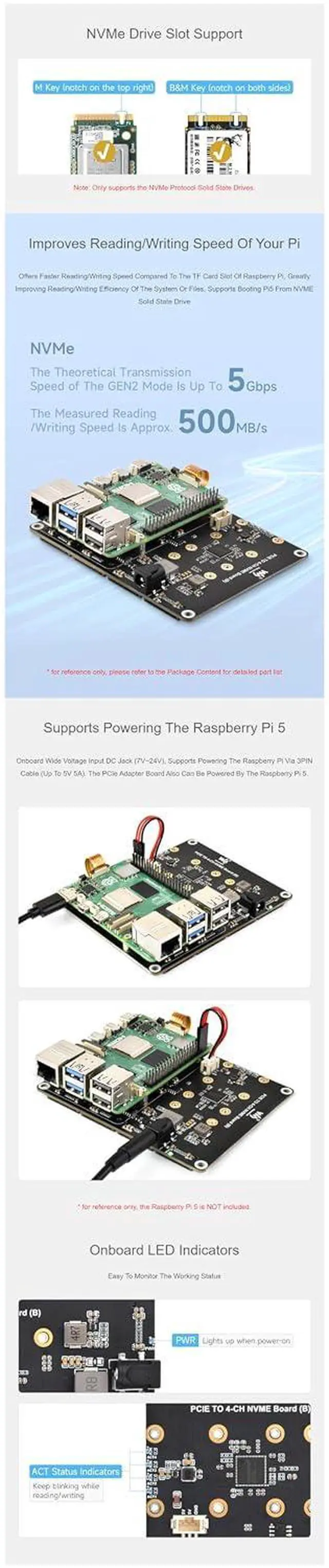 Alt view image 6 of 7 - PCIe to 4-Ch NVMe M.2 Adapter Board for Raspberry Pi 5 | 4-Ch SSD Expansion | Boot Support | 7V-24V Power Input | LED Indicators