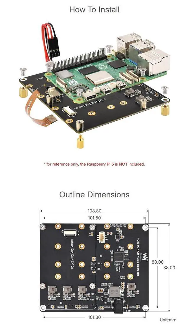 Alt view image 7 of 7 - PCIe to 4-Ch NVMe M.2 Adapter Board for Raspberry Pi 5 | 4-Ch SSD Expansion | Boot Support | 7V-24V Power Input | LED Indicators