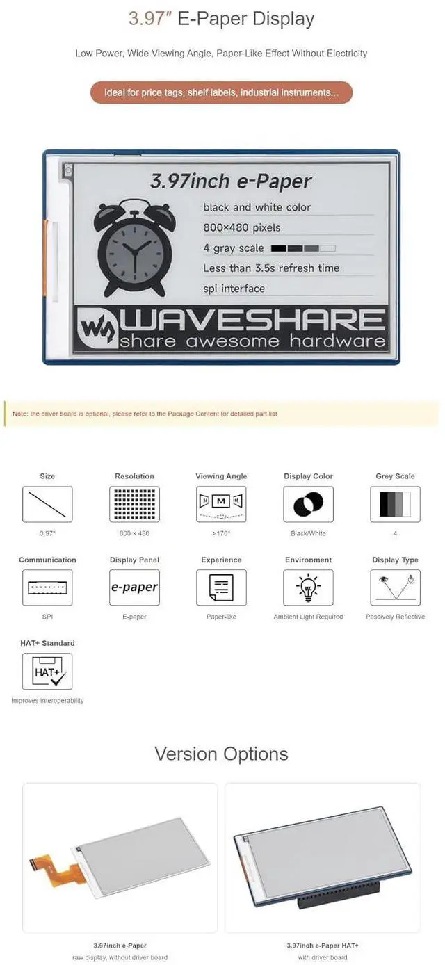Alt view image 5 of 7 - 3.97inch e-Paper Display HAT+ for Raspberry Pi, 800x480 E-Ink Screen, Black White 4 Gray, Low Power, SPI Interface, for Arduino STM32 ESP32 Jetson Nano, 40PIN GPIO Compatible