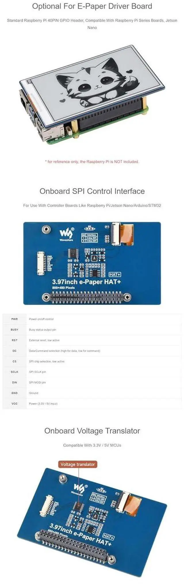 Alt view image 7 of 7 - 3.97inch e-Paper Display HAT+ for Raspberry Pi, 800x480 E-Ink Screen, Black White 4 Gray, Low Power, SPI Interface, for Arduino STM32 ESP32 Jetson Nano, 40PIN GPIO Compatible