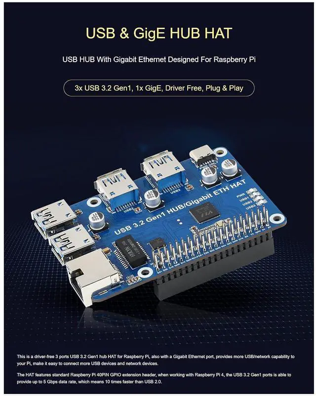 Alt view image 4 of 5 - USB 3.2 Gen1 and Gigabit Ethernet HUB HAT for Raspberry Pi Series Board, 3x USB 3.2 Gen1, 1x Gigabit Ethernet, Plug & Play, No Driver Needed