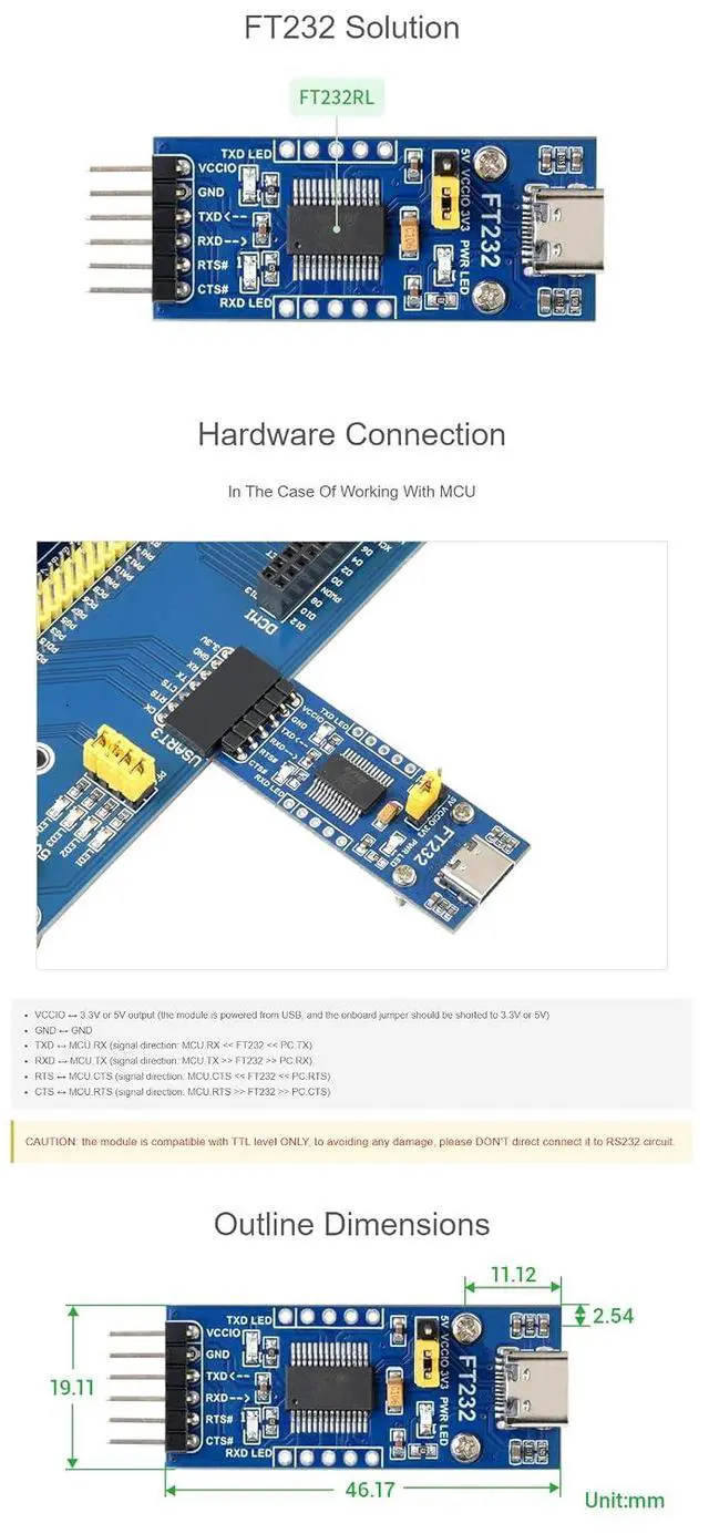 Alt view image 6 of 6 - FT232 USB to UART TTL Module USB-C Connector Compatible 3.3V/5V Logic Level, Supports Mac OS, Linux, Android, Wince, Windows 7/8/8.1/10/11 (2pcs Pack)