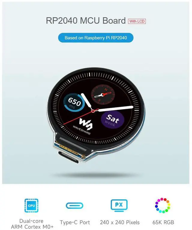 Alt view image 5 of 7 - RP2040 MCU Board with 1.28inch LCD,Round Shape, Accelerometer and Gyroscope Sensor,30 × Multi-Function GPIO Pins