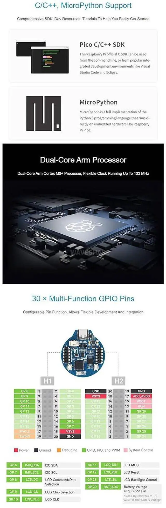 Alt view image 6 of 7 - RP2040 MCU Board with 1.28inch LCD,Round Shape, Accelerometer and Gyroscope Sensor,30 × Multi-Function GPIO Pins