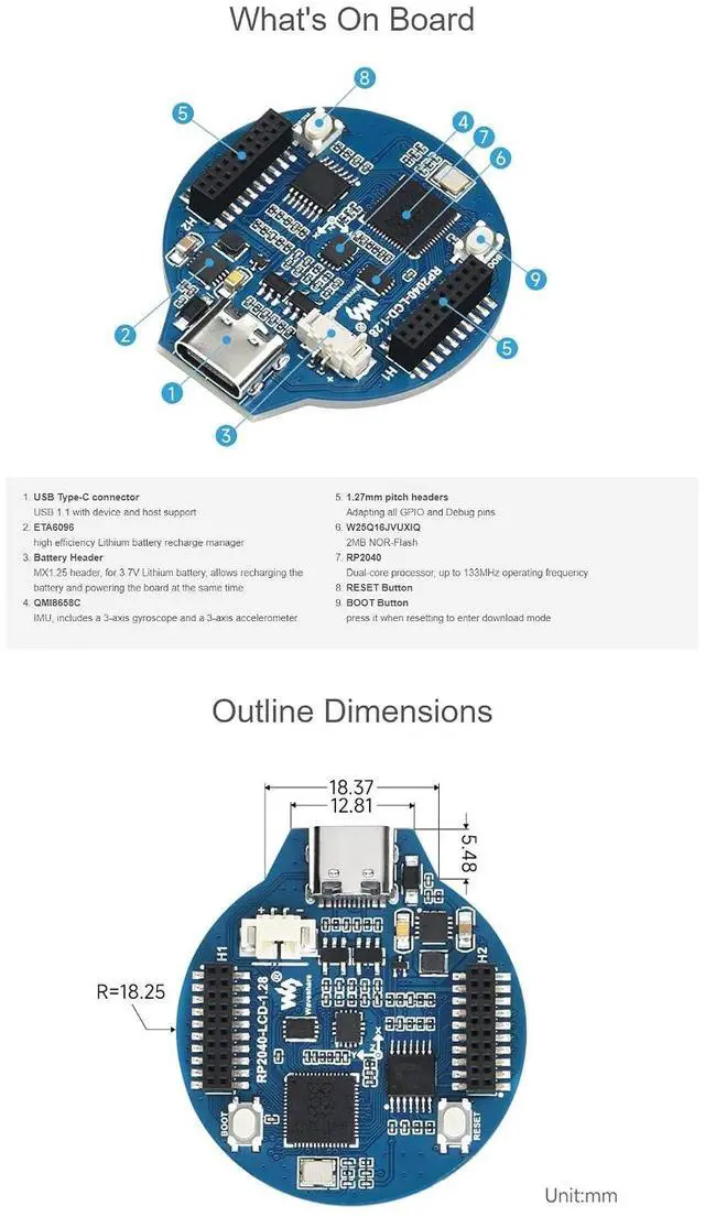 Alt view image 7 of 7 - RP2040 MCU Board with 1.28inch LCD,Round Shape, Accelerometer and Gyroscope Sensor,30 × Multi-Function GPIO Pins