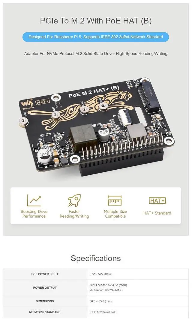 Alt view image 3 of 7 - PCIe to M.2 Adapter with PoE Function (B) for Raspberry Pi 5, Supports NVMe M.2 SSD (2230/2242/2260/2280), High-Speed Reading/Writing, IEEE 802.3af/at PoE HAT with Dual LED Indicators