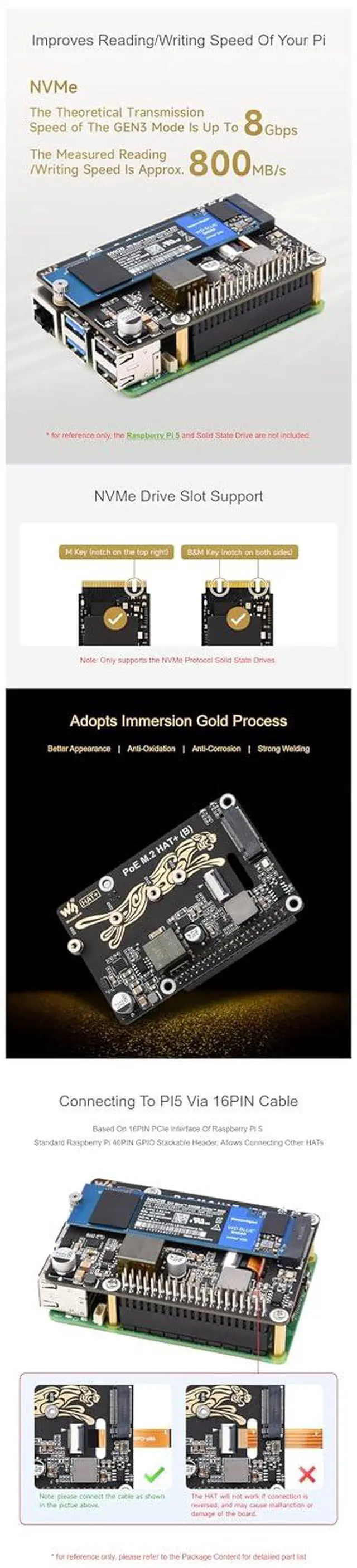 Alt view image 4 of 7 - PCIe to M.2 Adapter with PoE Function (B) for Raspberry Pi 5, Supports NVMe M.2 SSD (2230/2242/2260/2280), High-Speed Reading/Writing, IEEE 802.3af/at PoE HAT with Dual LED Indicators