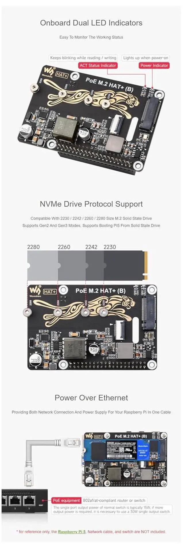 Alt view image 5 of 7 - PCIe to M.2 Adapter with PoE Function (B) for Raspberry Pi 5, Supports NVMe M.2 SSD (2230/2242/2260/2280), High-Speed Reading/Writing, IEEE 802.3af/at PoE HAT with Dual LED Indicators