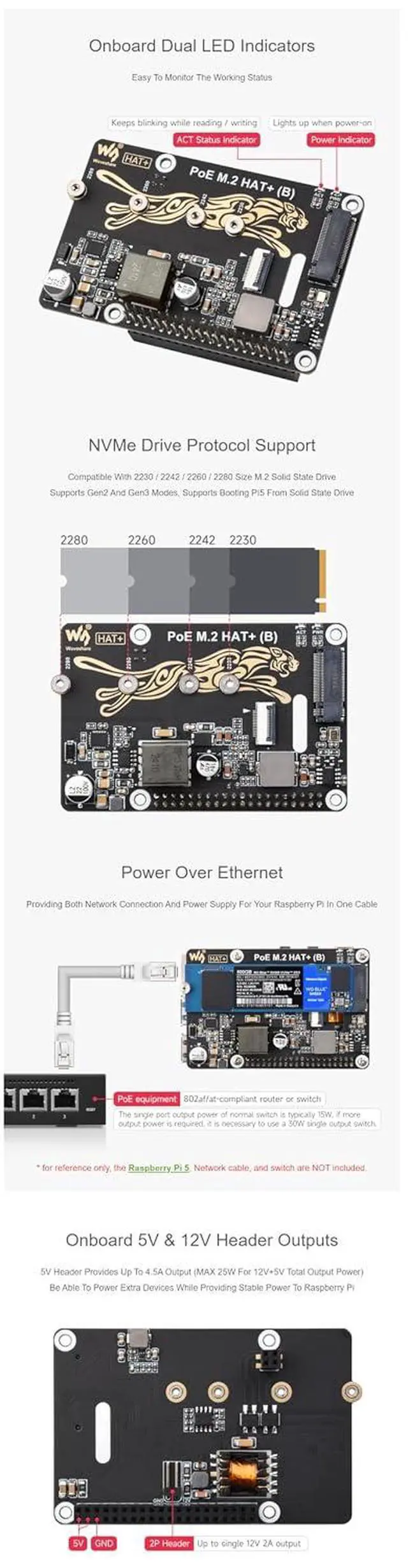 Alt view image 6 of 7 - PCIe to M.2 Adapter with PoE Function (B) for Raspberry Pi 5, Supports NVMe M.2 SSD (2230/2242/2260/2280), High-Speed Reading/Writing, IEEE 802.3af/at PoE HAT with Dual LED Indicators