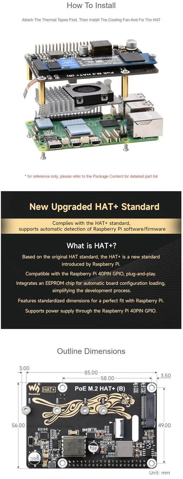 Alt view image 7 of 7 - PCIe to M.2 Adapter with PoE Function (B) for Raspberry Pi 5, Supports NVMe M.2 SSD (2230/2242/2260/2280), High-Speed Reading/Writing, IEEE 802.3af/at PoE HAT with Dual LED Indicators