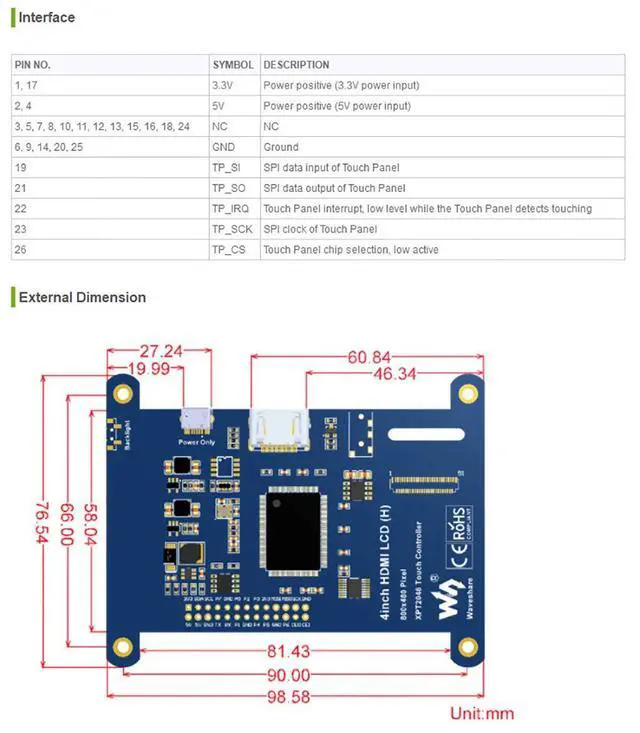 Alt view image 7 of 7 - 4inch HDMI Resistive Touch Screen IPS LCD (Type H) Display 480x800 No I/Os Required Designed for All Revision of Raspberry Pi