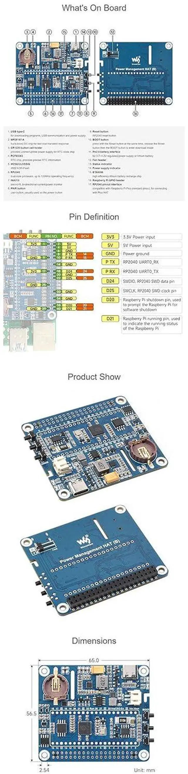 Alt view image 7 of 7 - Power Management HAT for Raspberry Pi Series Board, Onboard RTC & Buck-Boost DC Chip,Supports Charging and Power Output at The Same Time