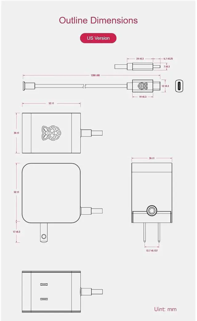 Alt view image 5 of 5 - Official 27W USB Type-C Power Supply for Raspberry Pi 5 Output 5.1V/5A, 9V/3A, 12V/2.25A, 15V/1.8A 1.2m Cable Length Black