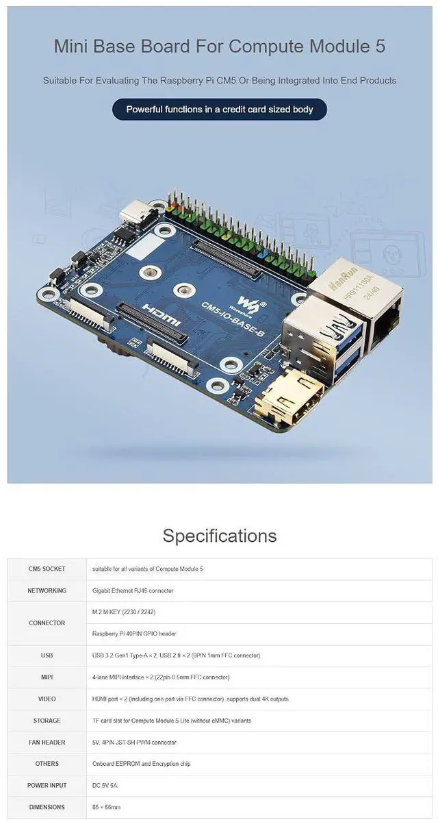 Alt view image 4 of 7 - CM5 Base Board for Raspberry Pi Compute Module 5, Mini Base Board B with EEPROM & Encryption Chip, GPIO Header, USB HDMI Adapter, for CM5 Lite/eMMC