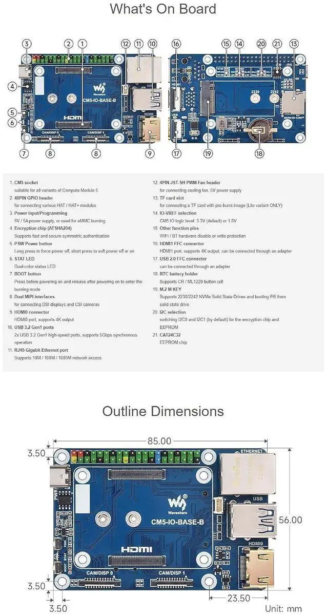 Alt view image 7 of 7 - CM5 Base Board for Raspberry Pi Compute Module 5, Mini Base Board B with EEPROM & Encryption Chip, GPIO Header, USB HDMI Adapter, for CM5 Lite/eMMC