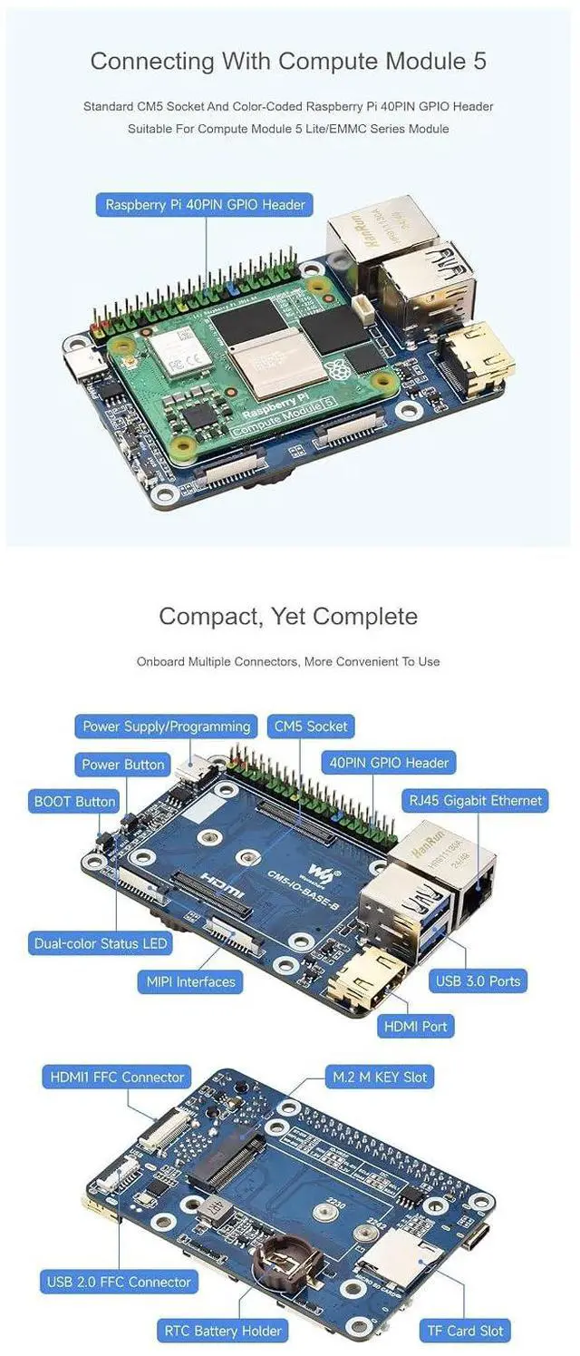 Alt view image 5 of 7 - CM5 Base Board for Raspberry Pi Compute Module 5, Mini Base Board B with EEPROM & Encryption Chip, GPIO Header, USB HDMI Adapter, for CM5 Lite/eMMC