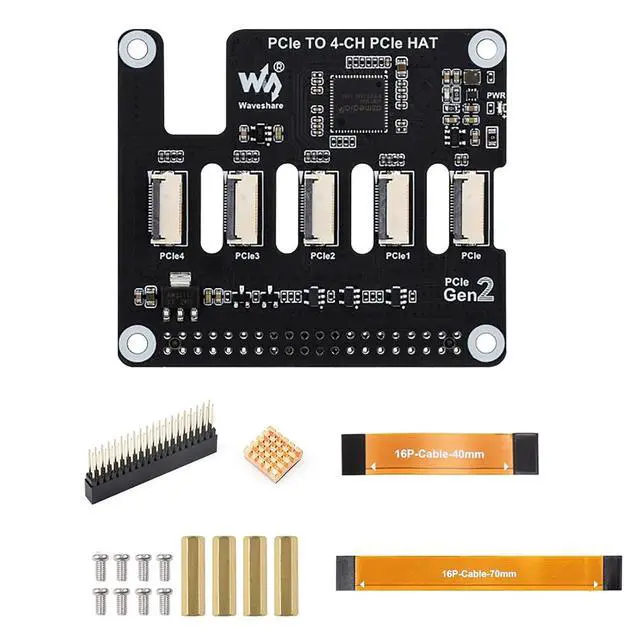 Main image of PCIe to 4-Channel PCIe HAT Adapter for Raspberry Pi 5, PCIe Expansion Board with 16PIN Cable, Supports Multi-HAT Stacking, Gen2 Interface, Flexible PCIe HAT Configuration
