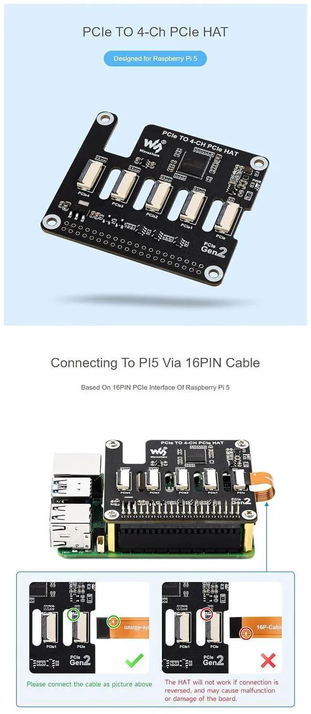 Alt view image 6 of 7 - PCIe to 4-Channel PCIe HAT Adapter for Raspberry Pi 5, PCIe Expansion Board with 16PIN Cable, Supports Multi-HAT Stacking, Gen2 Interface, Flexible PCIe HAT Configuration