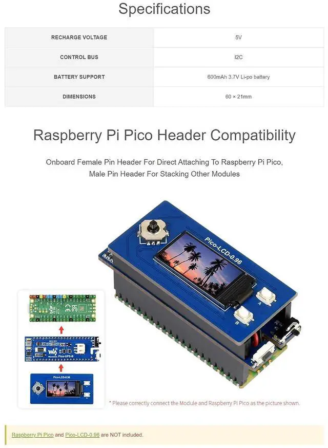Alt view image 5 of 7 - UPS Module HAT for Raspberry Pi Pico Series, Uninterruptible Power Supply, Stackable Design, with Li-Po Battery, I2C Bus Communication