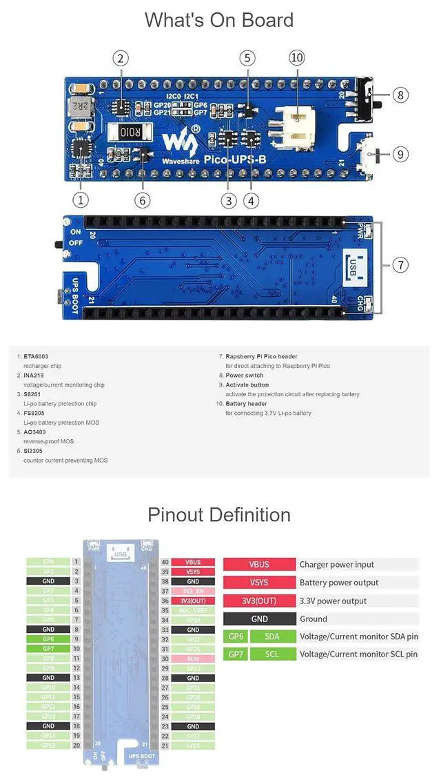 Alt view image 6 of 7 - UPS Module HAT for Raspberry Pi Pico Series, Uninterruptible Power Supply, Stackable Design, with Li-Po Battery, I2C Bus Communication