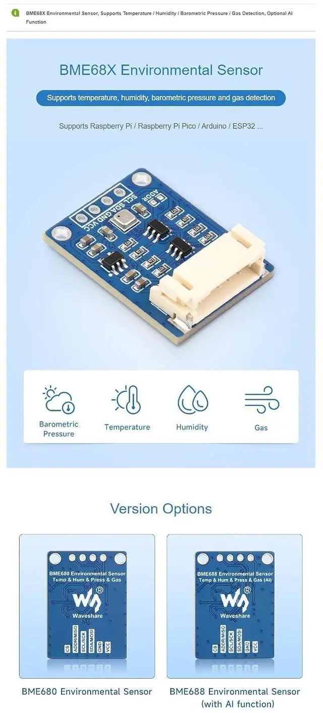 Alt view image 4 of 7 - BME688 Environmental Sensor Module, Temperature Humidity Barometric Pressure Gas Sensor, I2C/SPI, AI Function, for Raspberry Pi, Arduino, ESP32, Pico, 3.3V/5V Compatible