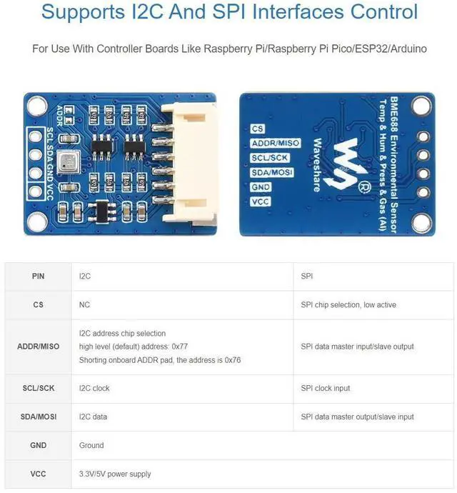 Alt view image 6 of 7 - BME688 Environmental Sensor Module, Temperature Humidity Barometric Pressure Gas Sensor, I2C/SPI, AI Function, for Raspberry Pi, Arduino, ESP32, Pico, 3.3V/5V Compatible