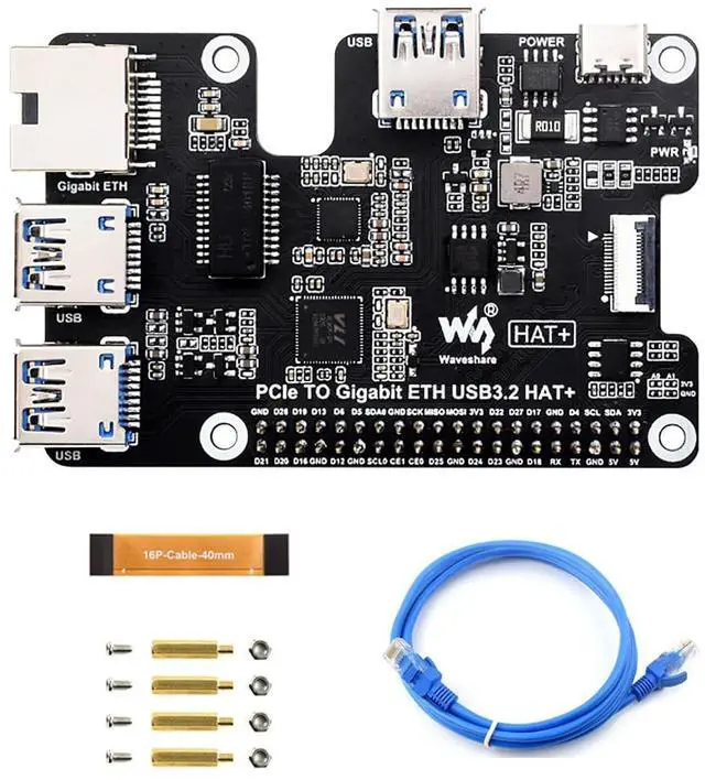 Main image of PCIe to Gigabit Ethernet and USB 3.2 Gen1 HAT for Raspberry Pi 5 with 3x USB 3.2 Gen1, 1x Gigabit Ethernet
