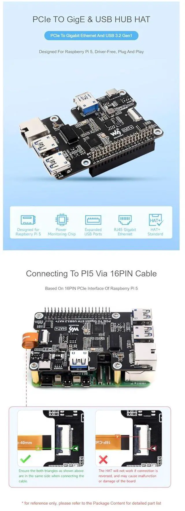 Alt view image 5 of 7 - PCIe to Gigabit Ethernet and USB 3.2 Gen1 HAT for Raspberry Pi 5 with 3x USB 3.2 Gen1, 1x Gigabit Ethernet