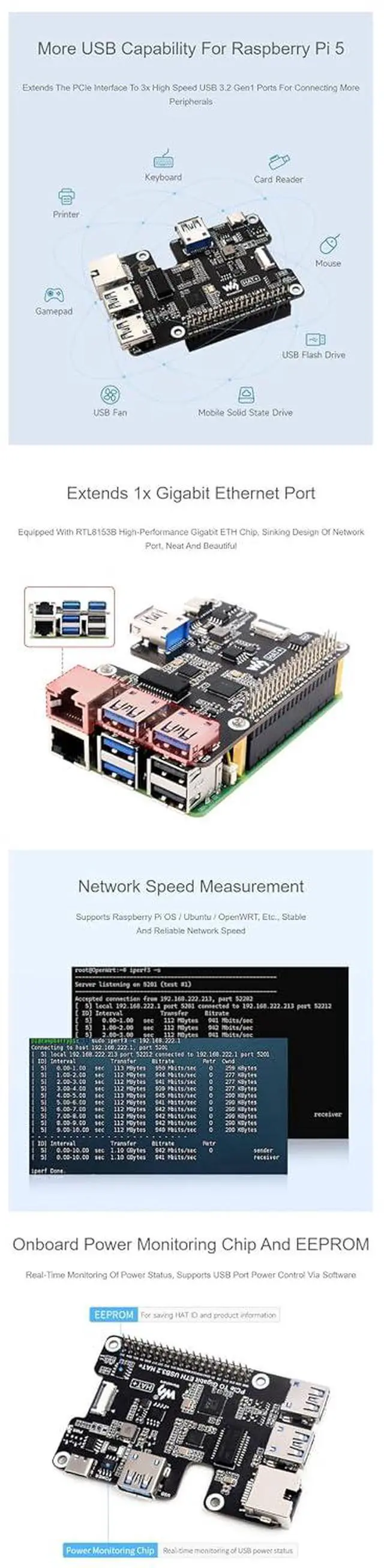 Alt view image 6 of 7 - PCIe to Gigabit Ethernet and USB 3.2 Gen1 HAT for Raspberry Pi 5 with 3x USB 3.2 Gen1, 1x Gigabit Ethernet