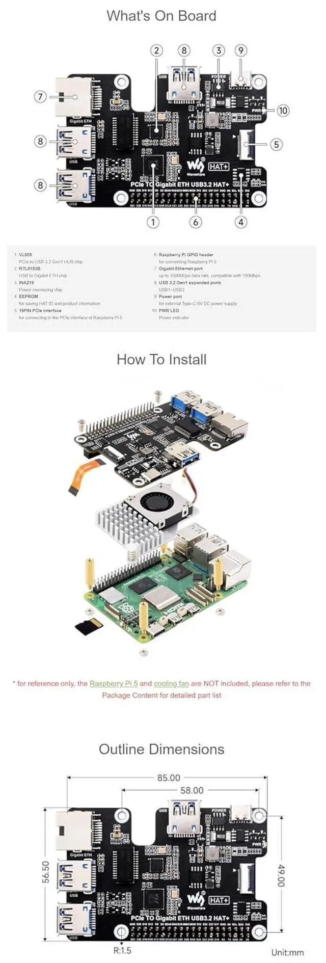 Alt view image 7 of 7 - PCIe to Gigabit Ethernet and USB 3.2 Gen1 HAT for Raspberry Pi 5 with 3x USB 3.2 Gen1, 1x Gigabit Ethernet